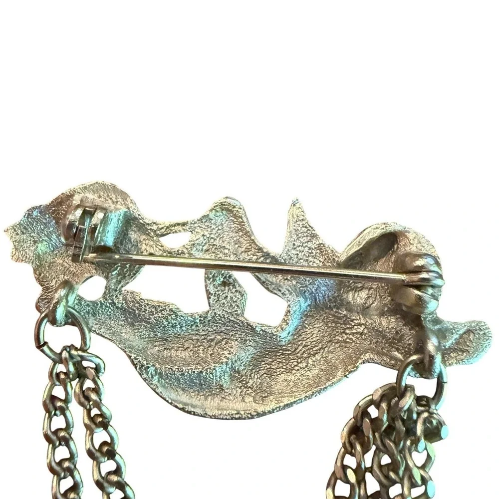 Vintage Cherub Brooch Cupid Chain Heart Charms - Silver Pot Metal Angel Pin
